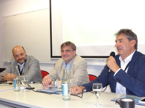 Juan Aramburu, gerente de producción de contenidos del Incaa; Alejandro Cacetta, presidente; y Ralph Haiek, vicepresidente, en su presentación de Vent