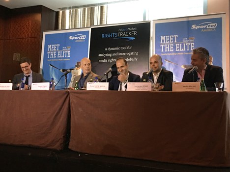 Richard Welbirg, de TV Sports Markets; Jochen Lösch, de MP Oscar Lopez García, de Imagina US; Leonardo Cesar, de Turner Brazil-Esporte Interativo, y