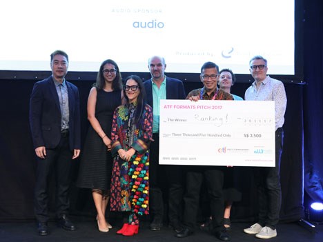 Spruce Leong, Mediacorp; Amreet Chahal, all3media International; Stephen Lambert, Studio Lambert; Gamaliel Paulus (Gammy), Winner of ATF Formats Pitch 2017; Rachel Glaister, all3media International and Alan Hodges, A+E Networks at the ATF Formats Pitch prize presentation ceremony