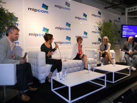 Peter Emerson, Entertainment One, Roxanne Frias (moderator), Laurine Garaude, Reed Midem; Constanza Arena, Cinemachile/MICH!TV and Andrew Stalbow, Rov