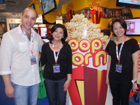 Charles Gebenholtz, sales executive from Novavision (France) with Leng Raymundo, VP program of acquisitions, and Rachel Simon, acquisitions manager at